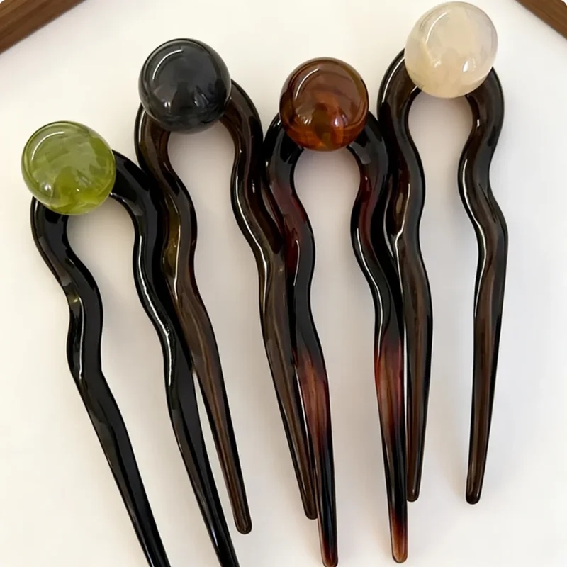 Hair Fork Stick - กิ๊บติดผมรูปตัว U สีแฟชั่นประดับมุก กิ๊บหนีบผมทรงปิ่นปักผมหวานๆ ทันสมัย ทำจากอะคริลิก