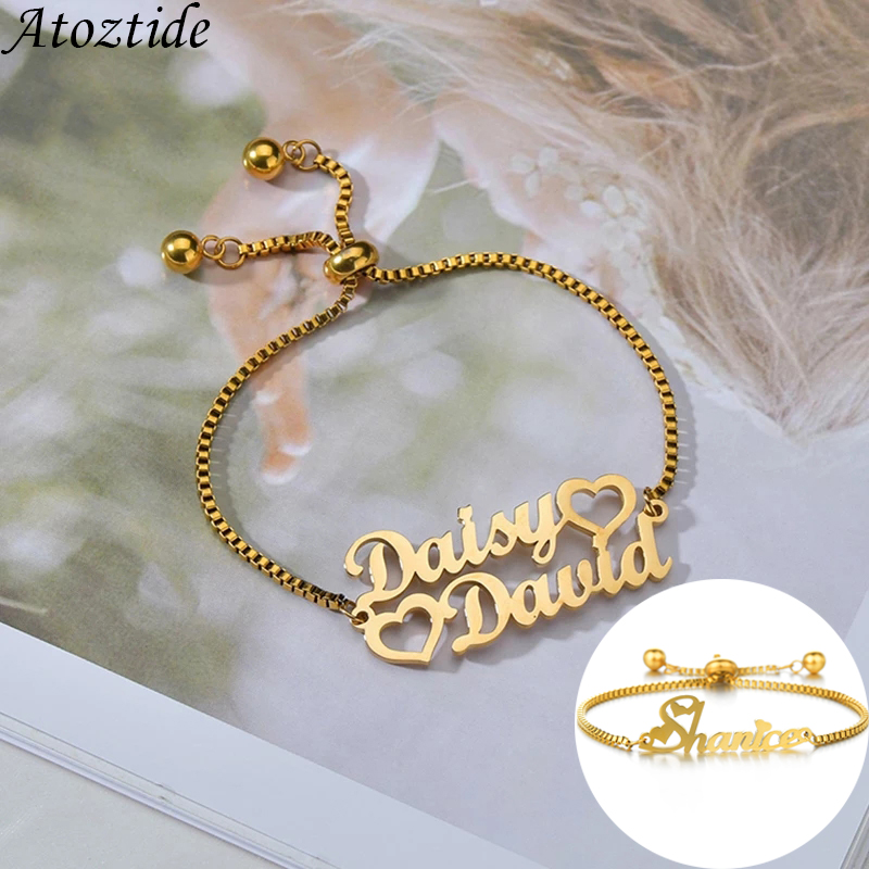 Women Accessories Gift Box - Atoztide ที่กำหนดเอง1-2ชื่อสร้อยข้อมือสแตนเลส Charms HandChain Letter ยืดกล่องกำไลข้อมือผู้หญิงเครื่องประดับของขวัญ