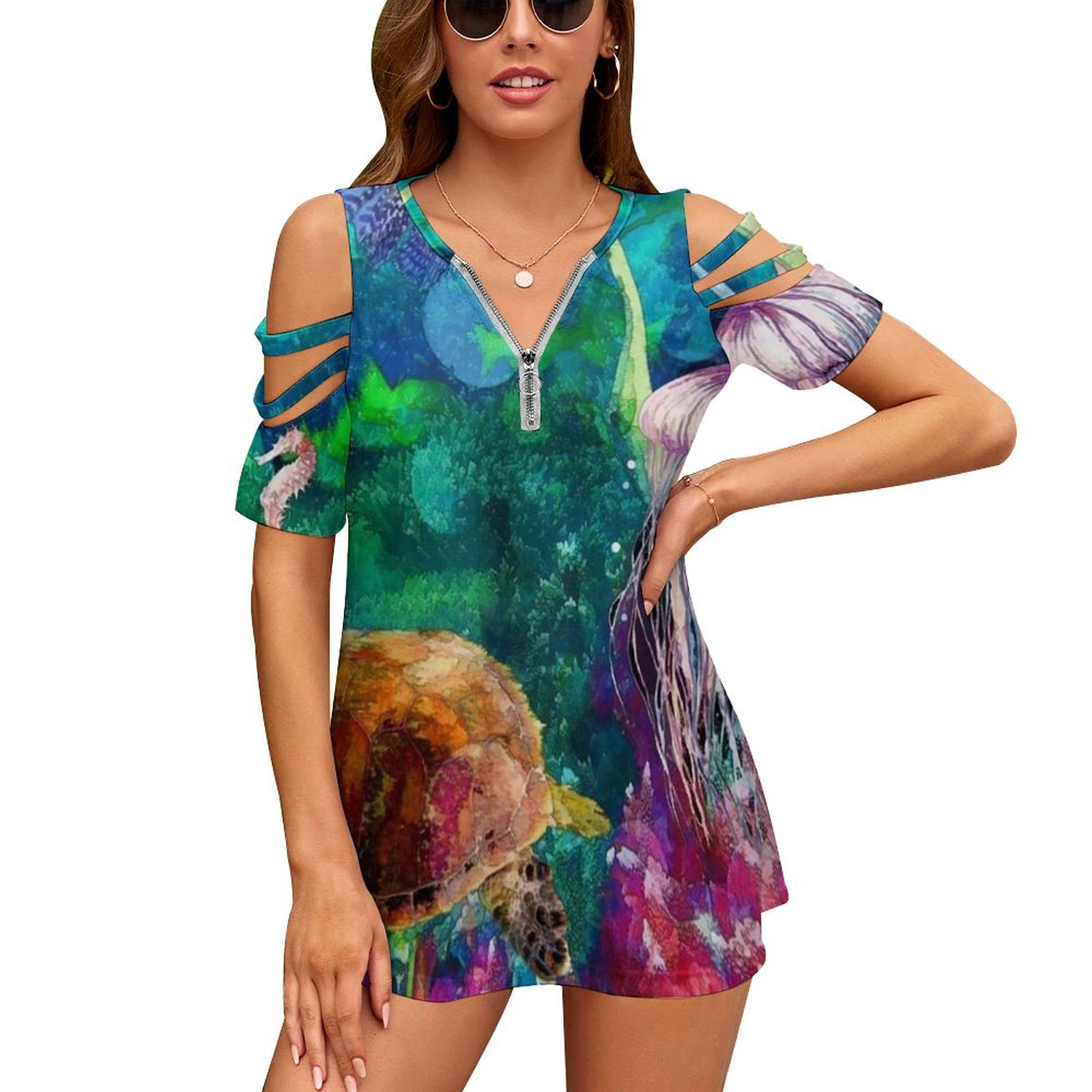 Women'S Accessories Australia - เต่าบนแนวปะการังผู้หญิงซิปเซ็กซี่พิมพ์เสื้อ T Vintage Tops พิมพ์เสื้อยืด Coral
