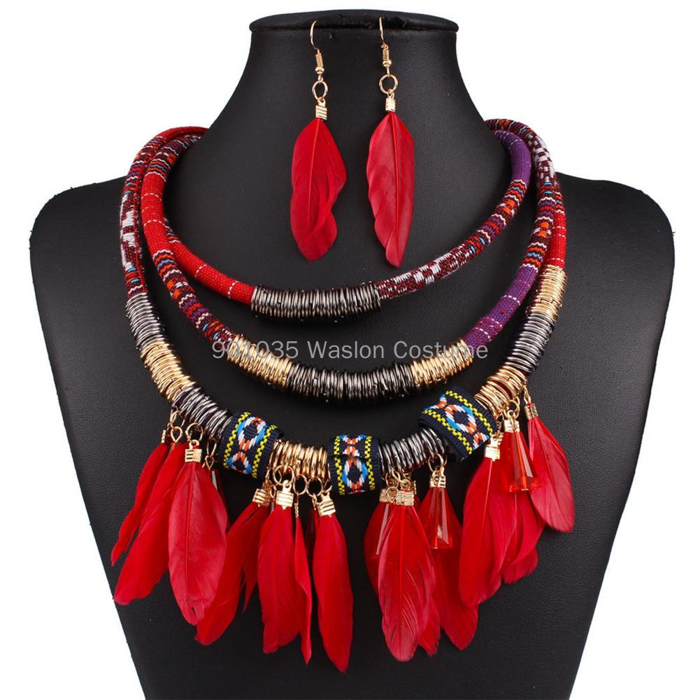 Women Accessories In Egypt - ชุดต่างหูสร้อยคอพู่ขนนกอียิปต์2ชิ้น/เซ็ตชุดเครื่องประดับสไตล์โบฮีเมียนอัลลอยเครื่องประดับหลายชั้น