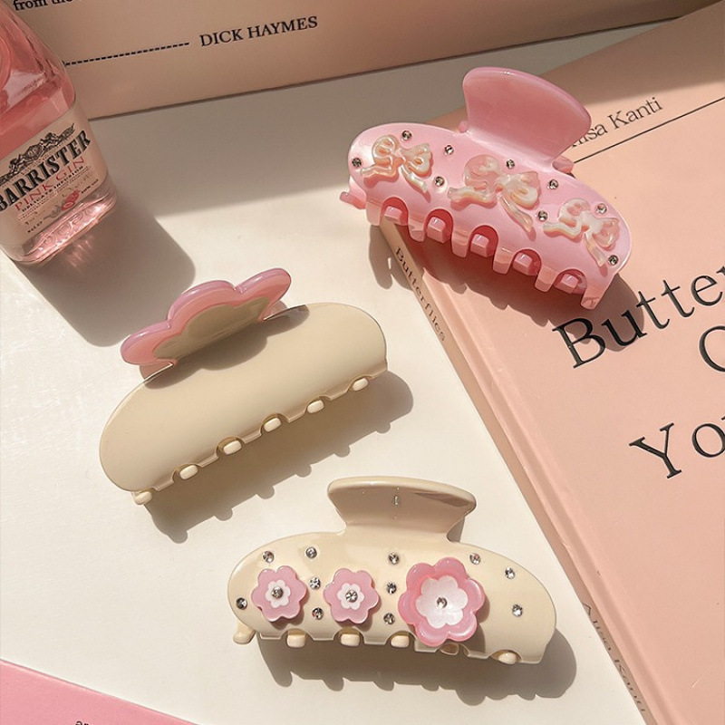 Hair Claw Clip Set - คลิปคว้าดอกไม้ rhinestone หวานอะซิเตท 1 ชิ้น, กิ๊บติดผมขนาดกลางครึ่งผูก,