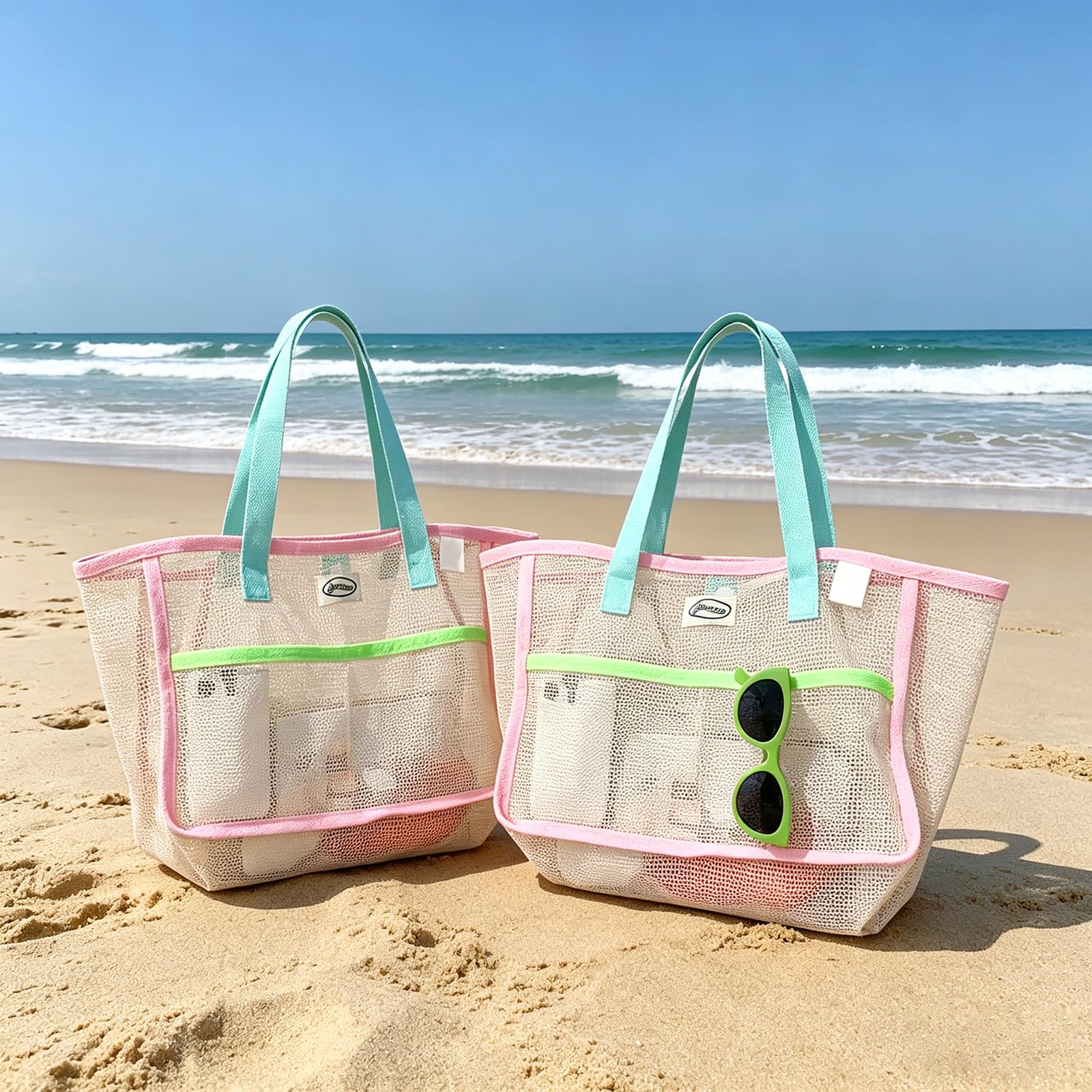 Women Accessories Pack - กระเป๋าชายหาดสำหรับผู้หญิง กระเป๋าตาข่ายพับได้หลากสี กระเป๋าใส่ทราย กระเป๋าเดินทาง กระเป๋าเก็บของสำหรับสระว่ายน้ำ สำหรับอุปกรณ์ชายหาด