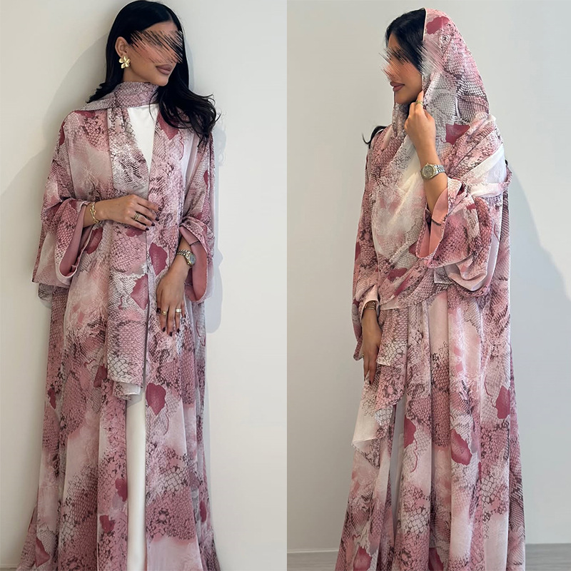 Women Accessories Dubai - ชุดเดรสยาวสำหรับผู้หญิงมุสลิมในเทศกาลอีฎิ้ลรอมฎอน พร้อมผ้าคลุมศีรษะ ลายพิมพ์ ชุดปาร์ตี้ เสื้อคลุมยาว สไตล์โมร็อกโก