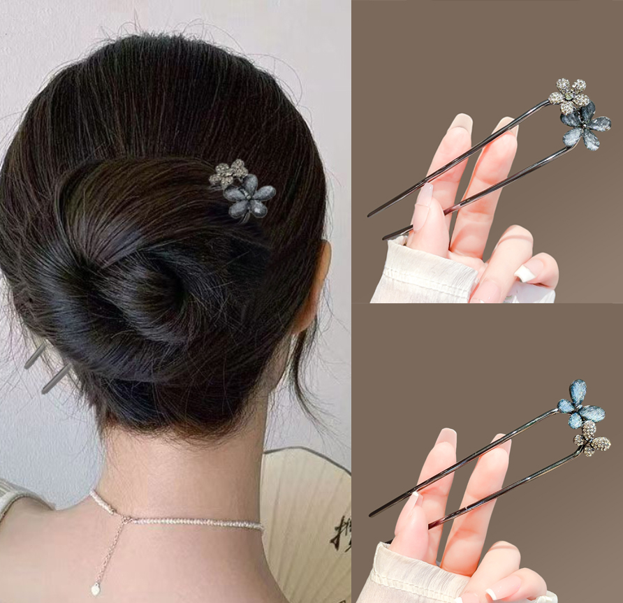 Hair Fork Stick - กิ๊บติดผมรูปผีเสื้อสไตล์วินเทจสำหรับผู้หญิงและเด็กผู้หญิง กิ๊บโลหะรูปตัวยูประดับคริสตัลสีฟ้า สำหรับทำผมทรง Updo และ Bun